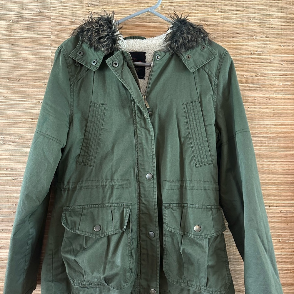 Women's Green Parka Jacket with Faux Fur Hood